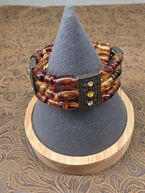 Vintage Multi-Strand Amber Ornate Gold Tone Crystal Beaded Boho Bracelet